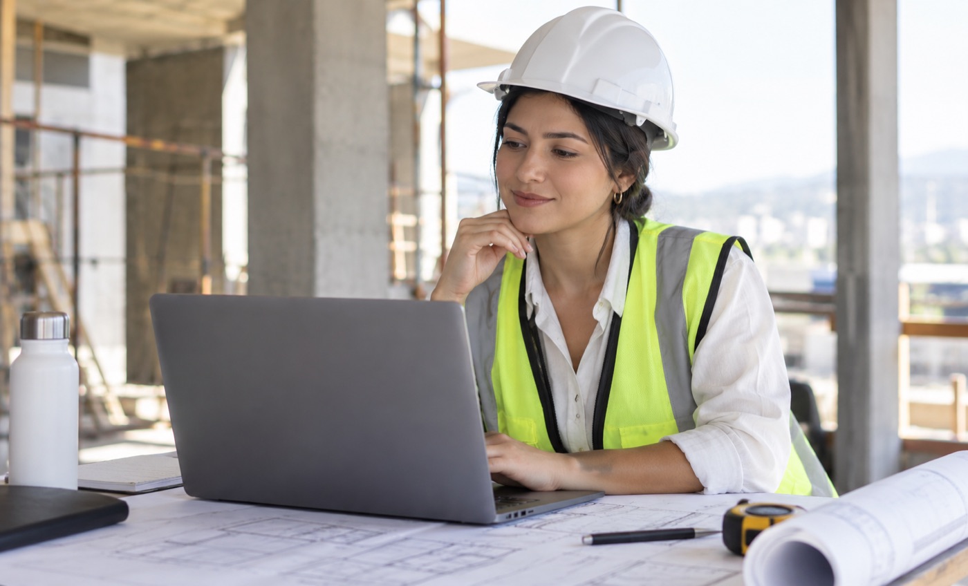 Ingeniera con casco revisando planos y una laptop en una obra en construcción