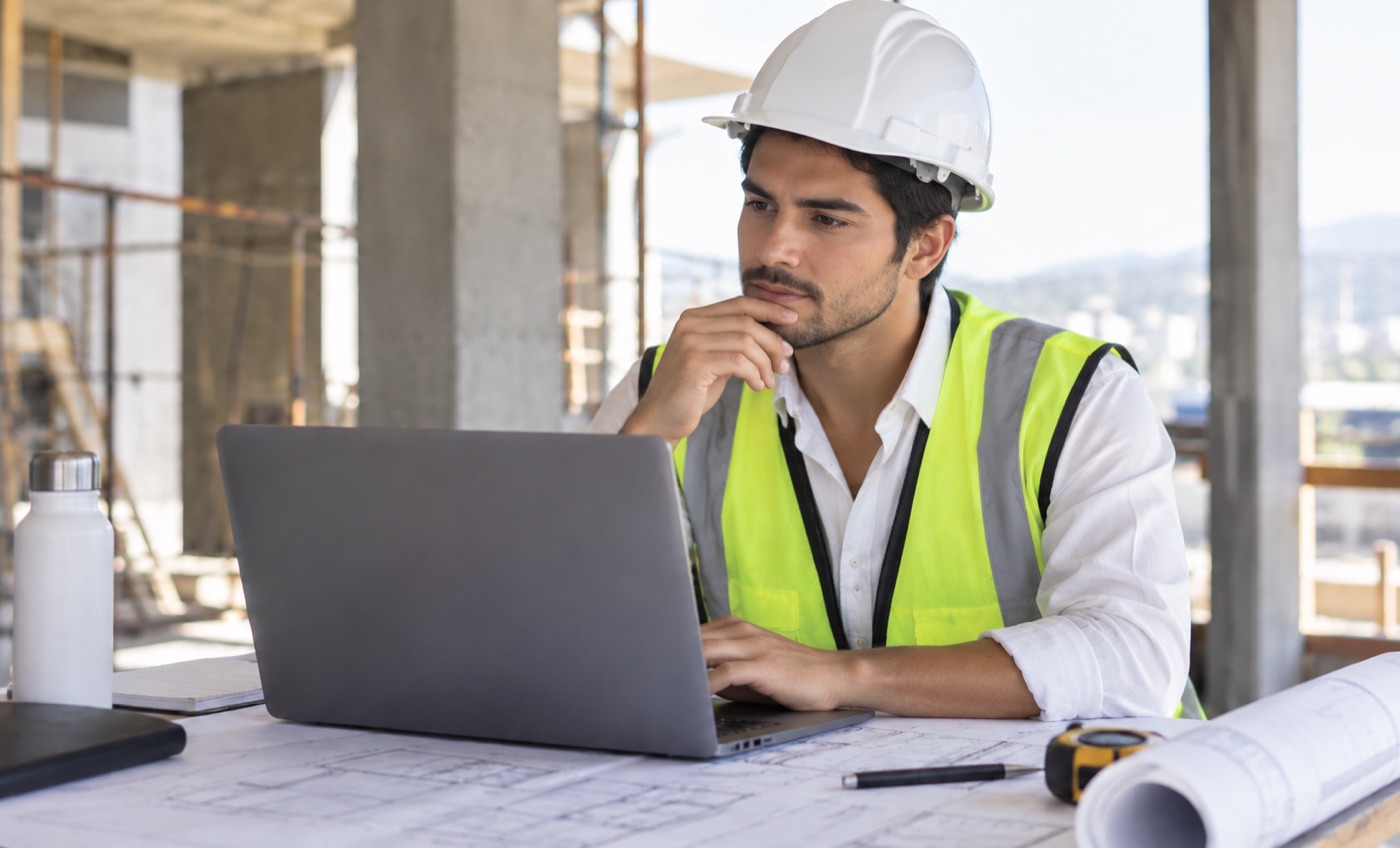 Ingeniero con casco analizando costos frente a una laptop en la obra de un edificio