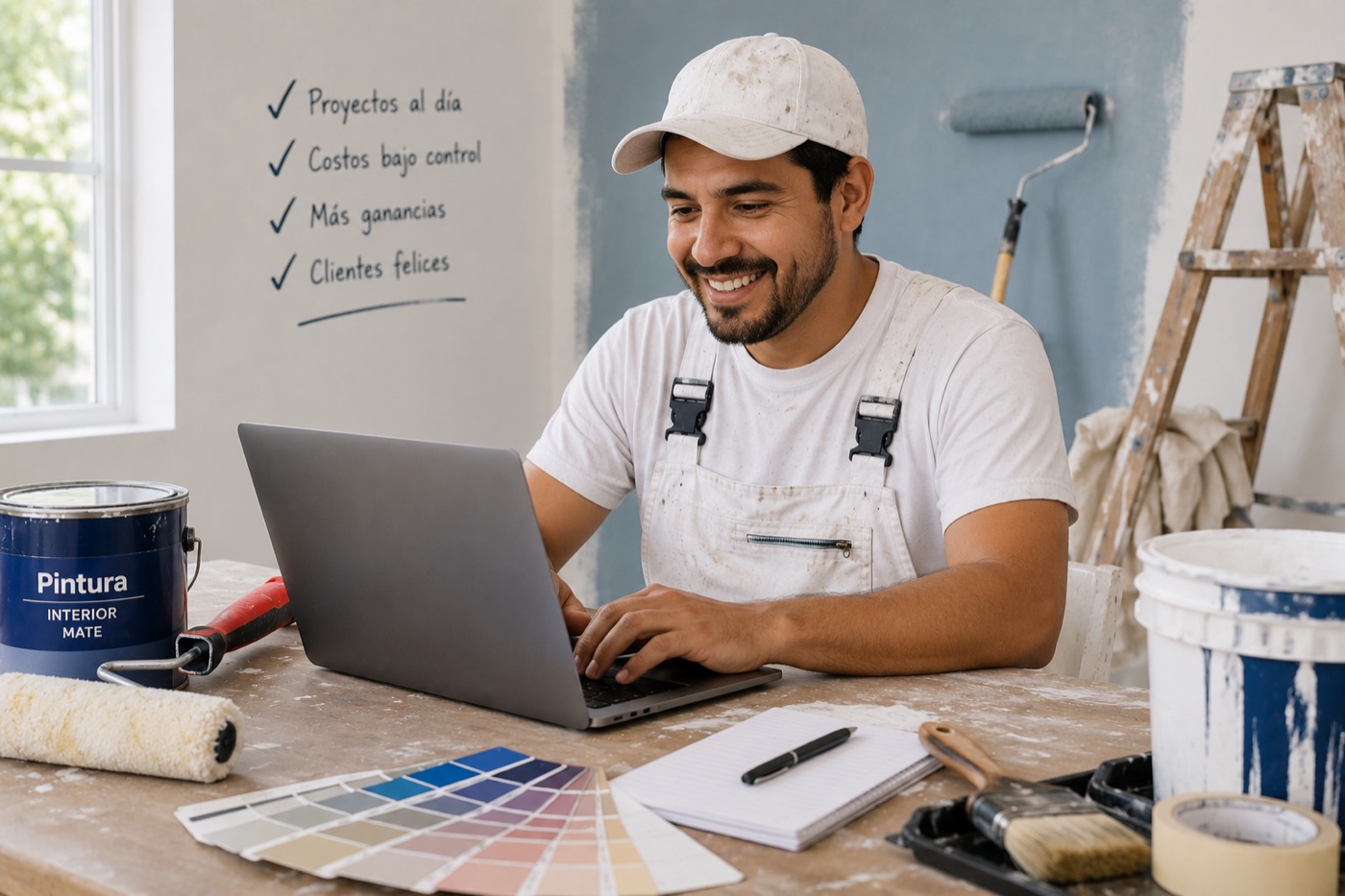 Pintor profesional usando una laptop para llevar el control de costos de sus proyectos