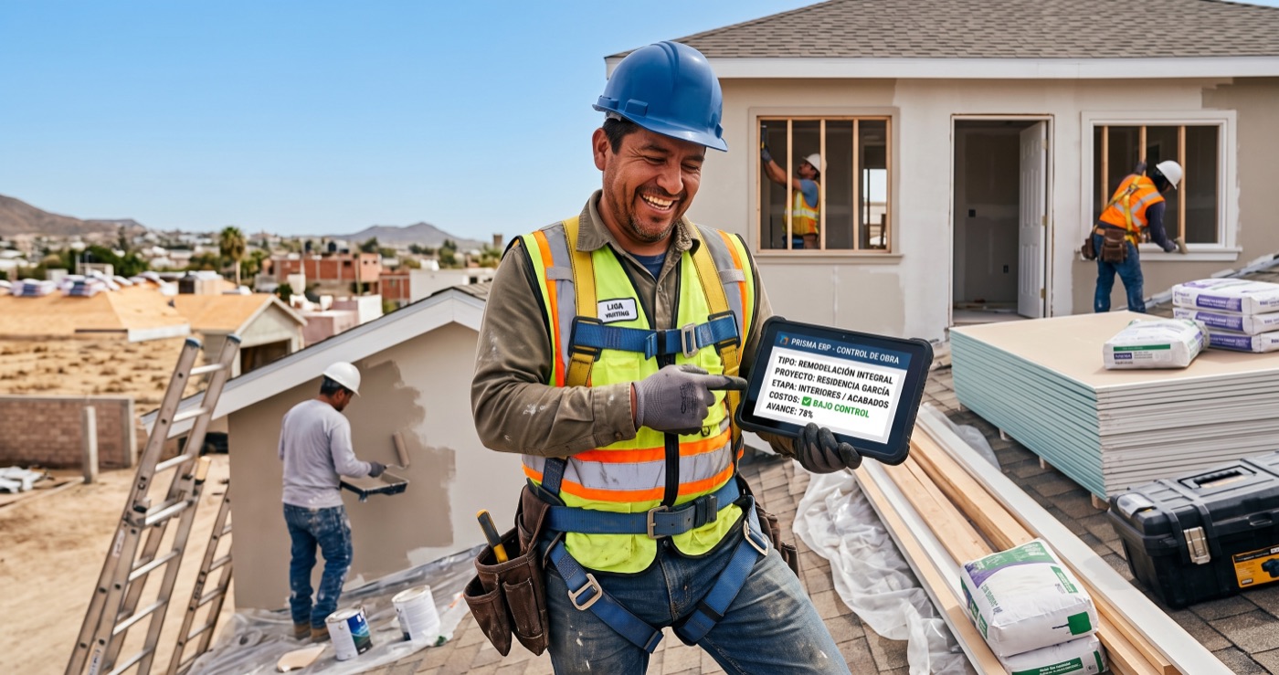 Residente de obra sonriendo con una tablet que muestra el control de costos de la obra